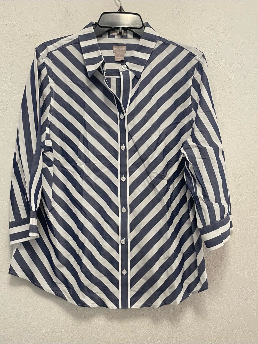 Chico’s XL No Iron Cotton Striped Stain Shield Button Up Shirt Women Blue
